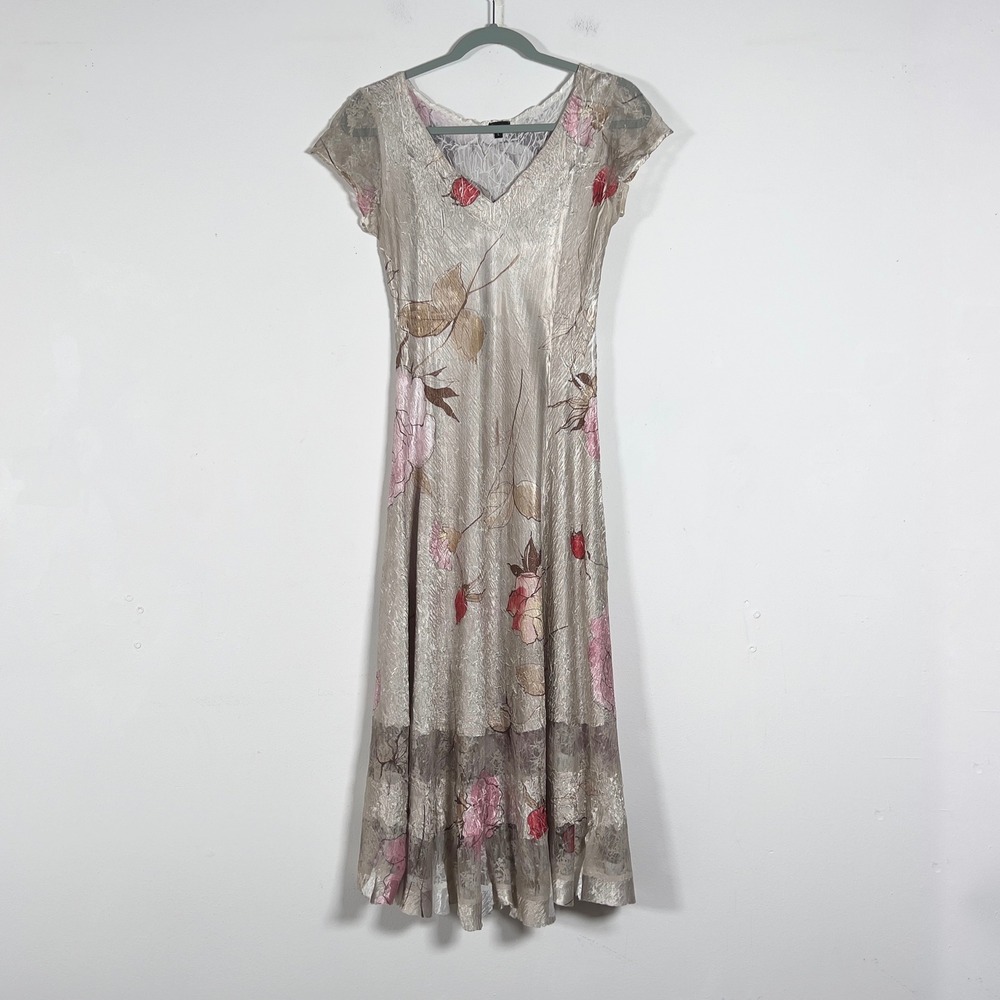 Elegant Silver Floral V-Neck Maxi Dress with Pink Accents. Item # 4001